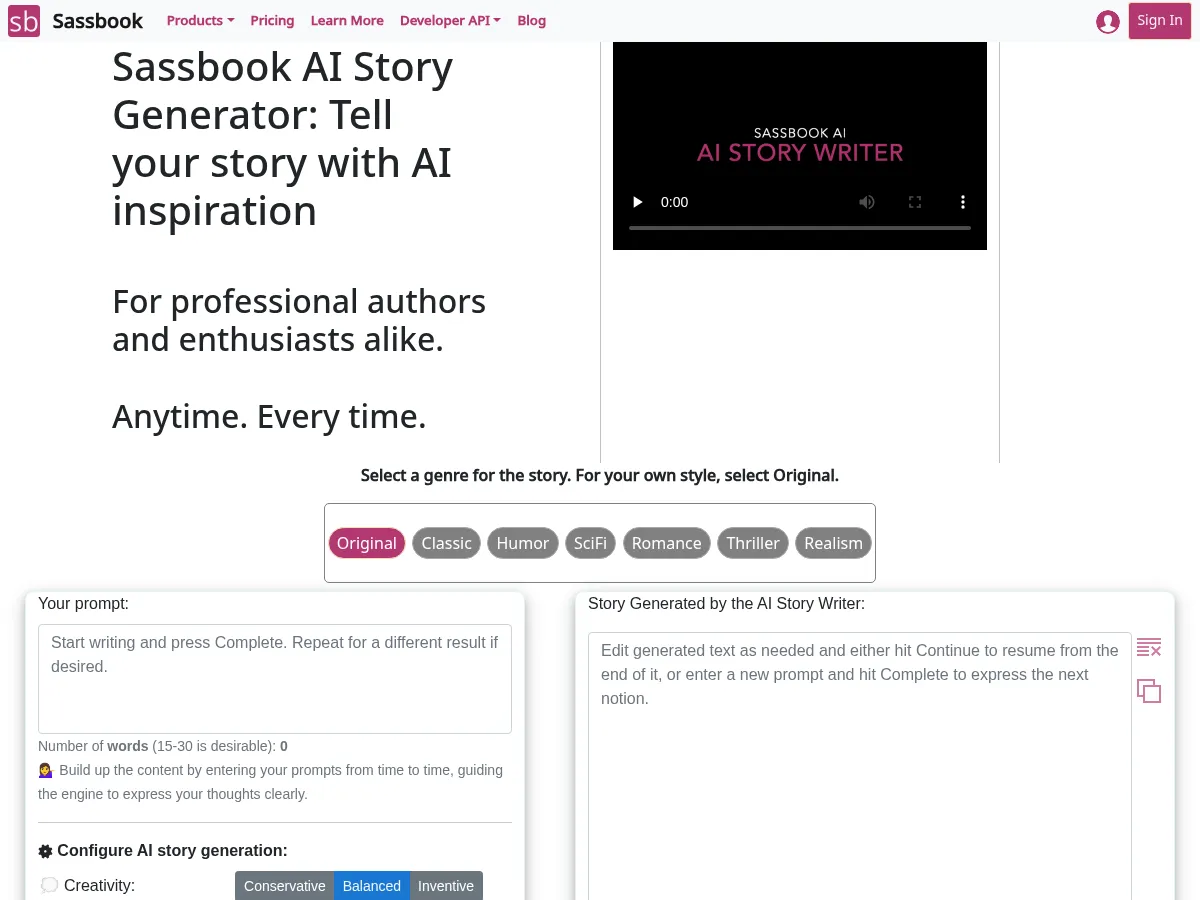 Sassbook AI Story Writer Screenshot